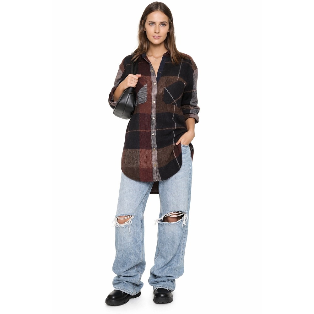 Free People Street Talk Plaid Flannel Shirt Dress / Jacket Brown Black Medium